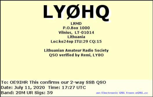 Callsign=LY0HQ VisitorCallsign=OE9IHR QSODate=2020-07-11 17 27 00 0 Band=20M Mode=SSB