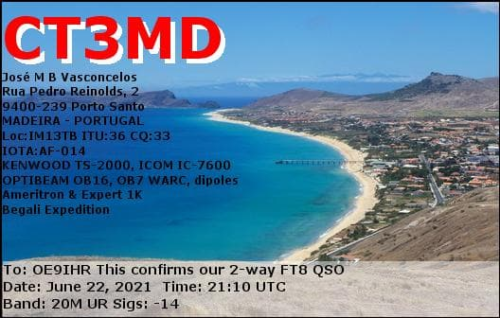 Callsign=CT3MD VisitorCallsign=OE9IHR QSODate=2021-06-22 21 10 00 0 Band=20M Mode=FT8