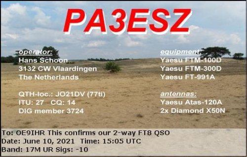 Callsign=PA3ESZ VisitorCallsign=OE9IHR QSODate=2021-06-10 15 05 00 0 Band=17M Mode=FT8
