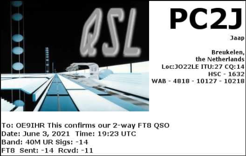 Callsign=PC2J VisitorCallsign=OE9IHR QSODate=2021-06-03 19 23 00 0 Band=40M Mode=FT8