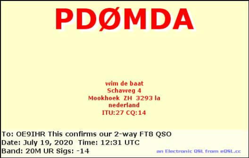 Callsign=PD0MDA VisitorCallsign=OE9IHR QSODate=2020-07-19 12 31 00 0 Band=20M Mode=FT8