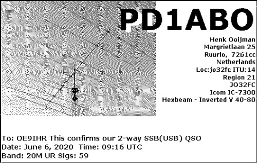 Callsign=PD1ABO VisitorCallsign=OE9IHR QSODate=2020-06-06 09 16 00 0 Band=20M Mode=SSB