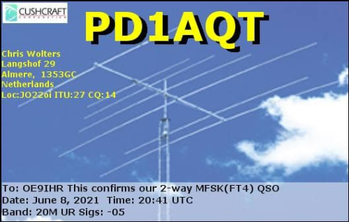 Callsign=PD1AQT VisitorCallsign=OE9IHR QSODate=2021-06-08 20 41 00 0 Band=20M Mode=MFSK