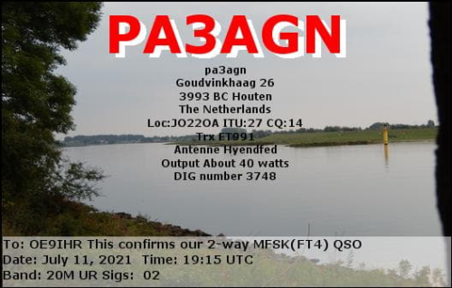 Callsign=pa3agn VisitorCallsign=OE9IHR QSODate=2021-07-11 19 15 00 0 Band=20M Mode=MFSK