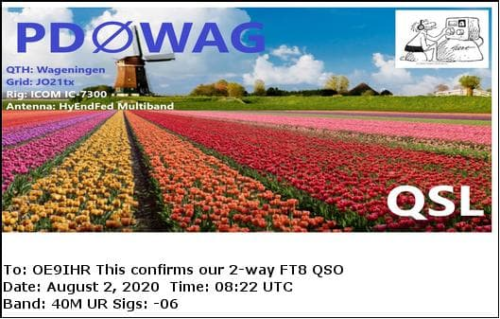 Callsign=pd0wag VisitorCallsign=OE9IHR QSODate=2020-08-02 08 22 00 0 Band=40M Mode=FT8