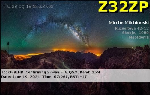 Callsign=Z32ZP VisitorCallsign=OE9IHR QSODate=2021-06-19 07 26 00 0 Band=15M Mode=FT8