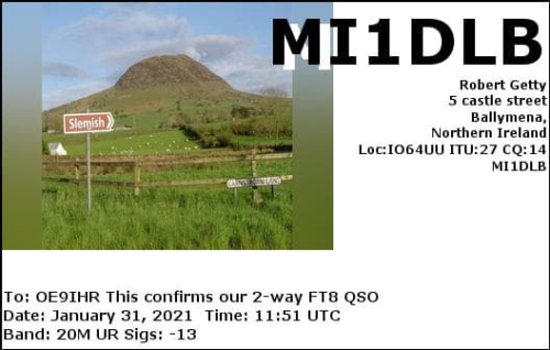 Callsign=MI1DLB VisitorCallsign=OE9IHR QSODate=2021-01-31 11 51 00 0 Band=20M Mode=FT8