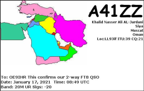 Callsign=a41zz VisitorCallsign=OE9IHR QSODate=2021-01-17 08 49 00 0 Band=20M Mode=FT8