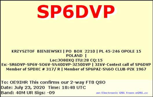 Callsign=SP6DVP VisitorCallsign=OE9IHR QSODate=2020-07-23 18 48 00 0 Band=40M Mode=FT8