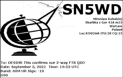 Callsign=sn5wd VisitorCallsign=OE9IHR QSODate=2021-09-05 19 53 00 0 Band=60M Mode=FT8