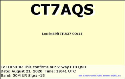Callsign=CT7AQS VisitorCallsign=OE9IHR QSODate=2020-08-21 19 41 00 0 Band=30M Mode=FT8