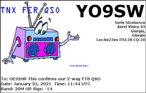 Callsign=yo9sw VisitorCallsign=OE9IHR QSODate=2021-01-31 11 44 00 0 Band=20M Mode=FT8