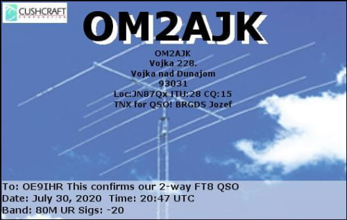 Callsign=OM2AJK VisitorCallsign=OE9IHR QSODate=2020-07-30 20 47 00 0 Band=80M Mode=FT8