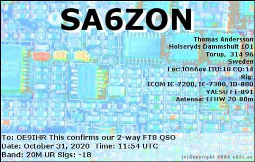 Callsign=SA6ZON VisitorCallsign=OE9IHR QSODate=2020-10-31 11 54 00 0 Band=20M Mode=FT8