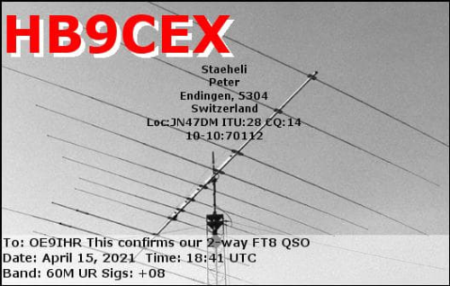 Callsign=HB9CEX VisitorCallsign=OE9IHR QSODate=2021-04-15 18 41 00 0 Band=60M Mode=FT8