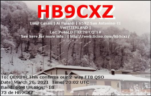 Callsign=HB9CXZ VisitorCallsign=OE9IHR QSODate=2021-03-26 20 02 00 0 Band=60M Mode=FT8
