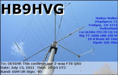 Callsign=hb9hvg VisitorCallsign=OE9IHR QSODate=2021-07-13 20 04 00 0 Band=60M Mode=FT8