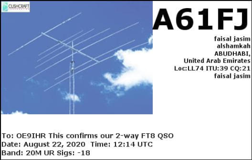 Callsign=a61fj VisitorCallsign=OE9IHR QSODate=2020-08-22 12 14 00 0 Band=20M Mode=FT8