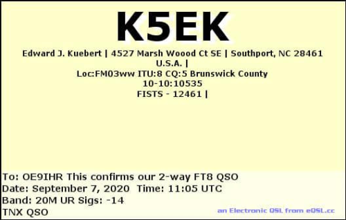 Callsign=K5EK VisitorCallsign=OE9IHR QSODate=2020-09-07 11 05 00 0 Band=20M Mode=FT8