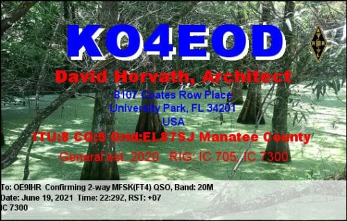 Callsign=KO4EOD VisitorCallsign=OE9IHR QSODate=2021-06-19 22 29 00 0 Band=20M Mode=MFSK
