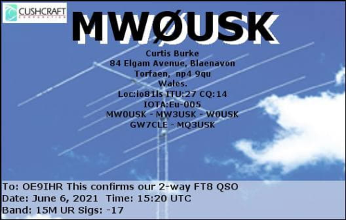 Callsign=MW0USK VisitorCallsign=OE9IHR QSODate=2021-06-06 15 20 00 0 Band=15M Mode=FT8