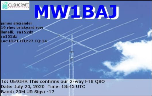 Callsign=MW1BAJ VisitorCallsign=OE9IHR QSODate=2020-07-20 18 45 00 0 Band=20M Mode=FT8